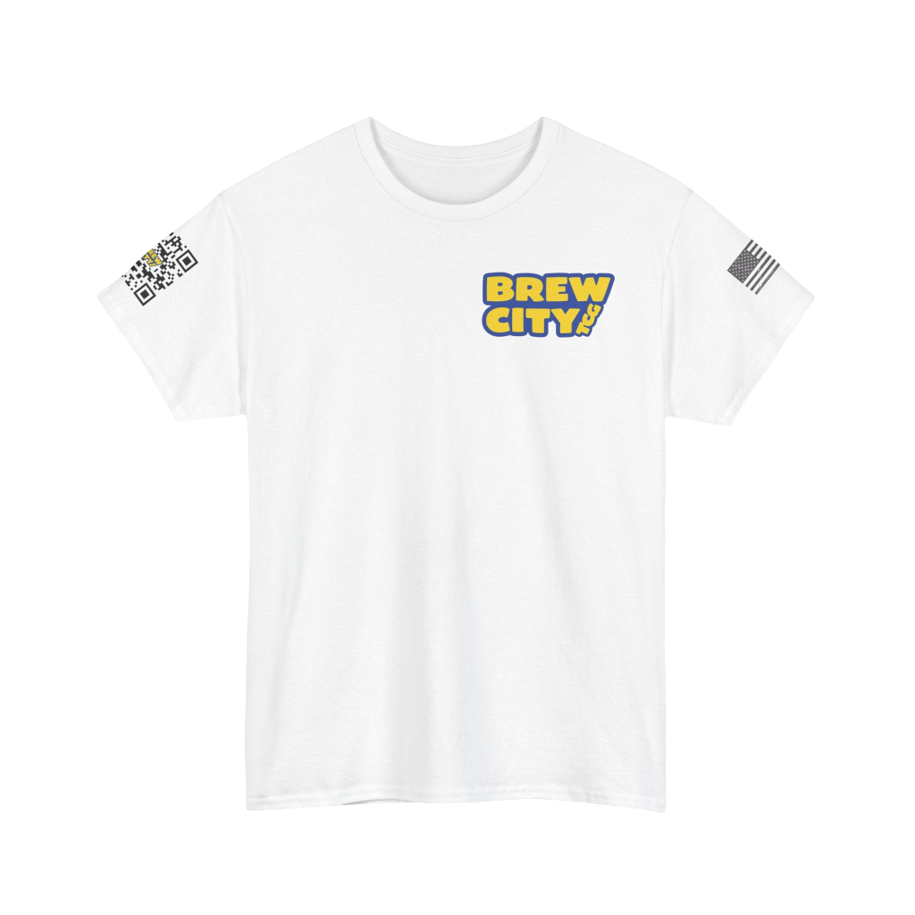 BREWCITY_TCG NEW LOGO TSHIRT: Unisex Cotton Tee - W/Advertising QR code and American Flag