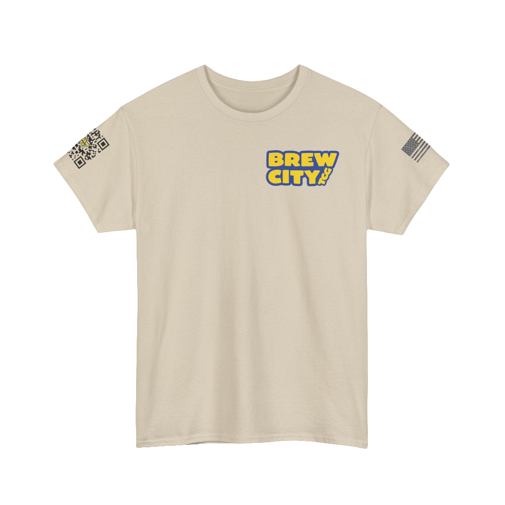 BREWCITY_TCG NEW LOGO TSHIRT: Unisex Cotton Tee - W/Advertising QR code and American Flag